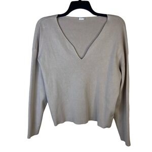 Silk & Salt Size‎ Medium V Neck Beige Sweater Classic Casual Coastal Minimal